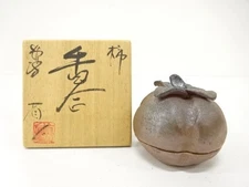 7604369: JAPANESE TEA CEREMONY / TANBA WARE KOGO INCENSE CONTAINER / PERSIMMON /