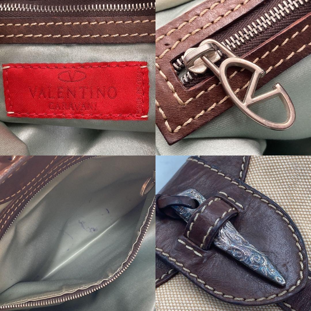 Valentino Garavani Canvas Leather Shoulder Bag Brown Beige Damaged Condition Ja thumbnail 6