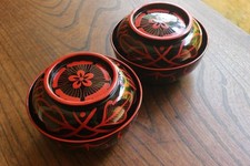 Warfare Ware Wajima Lacquer Soup Bowls 12.8cm Set of 2 with Wood Fuyo Design