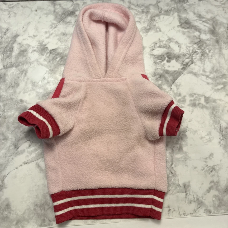 Dog Hoodie With Front Pocket Pint Fleece With Red And White Stretch Trim. Size S - Image 2 of 4