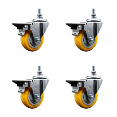 3.5 Inch Yellow Polyurethane ½ Inch Threaded Stem Caster Set with Brake