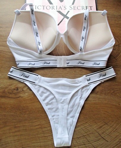 VICTORIA'S SECRET PINK Super Push-Up Bra & Thong Panty Set VS White Cotton Logo - Picture 6 of 9