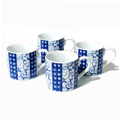 Oneida, Breton Blue, Vintage 1998, 10 oz. Ceramic Coffee Mugs, Set of 4