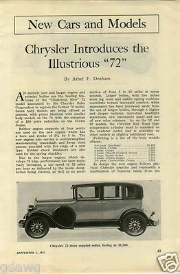 1927 PAPER AD 4 PG Article Chrysler 72 52 Close Coupled Sedan Convertible Engine