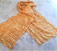 * LONG SILK SCARF *LINES & SQUARES * BROWN & OCHRE YELLOW *