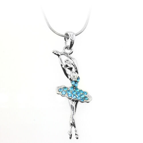 Silver Color Ballerina Charm Pendant with Sky Blue Crystals and 16" Chain - Picture 1 of 2