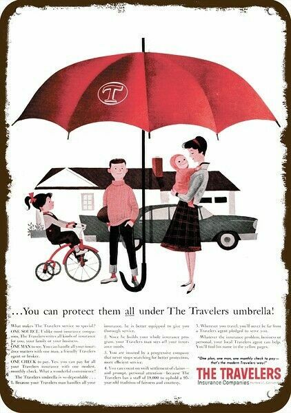 1960 Travelers Insurance &Amp; Red Umbrella Vntge-Look Decorative Replica Metal Sign