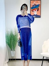 Fashion Wrinkle Printed Dress with Waistband Mid Length Pleated Skirt