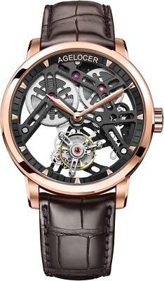 agelocer Orologio da polso da uomo con tourbillon traforato a doppio lato, meccanico, in pelle, Nk_9004d2, Cinturino