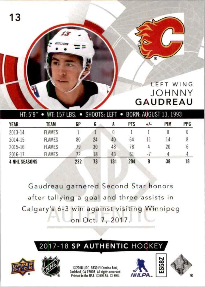 2017-18 upper deck SP Authentic Johnny Gaudreau #13 - Image 2 of 2