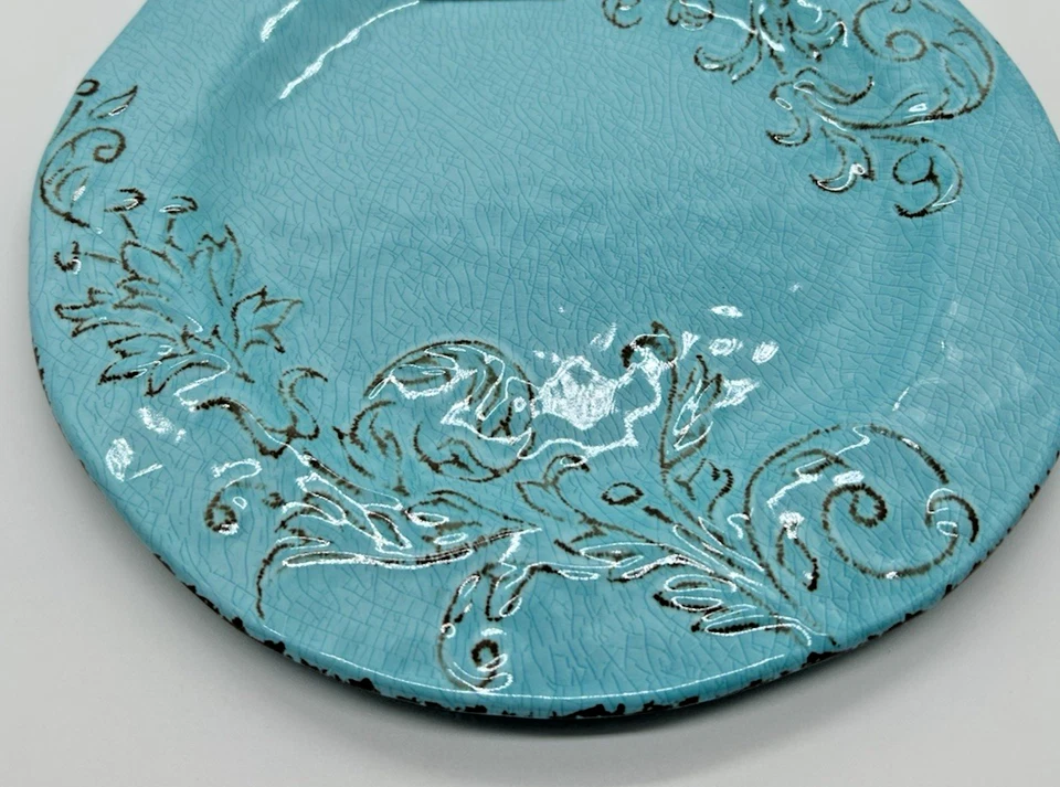 6 platos de cena Nicole Miller azul aguamarina con pergamino floral nuevos con etiqueta Foto 2 de 4