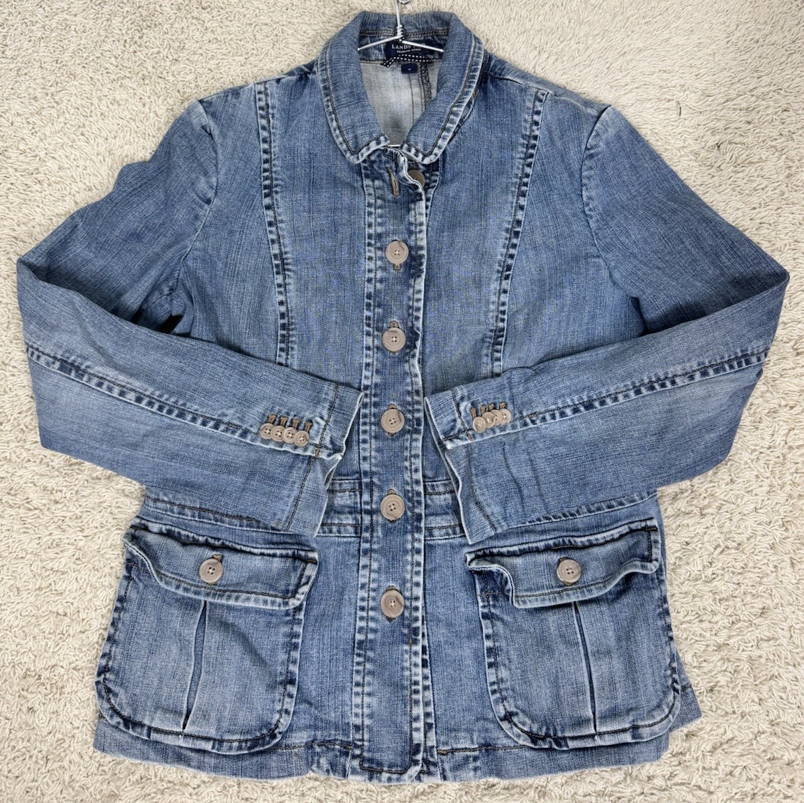 Lands' End Womens Blue Denim Jean Jacket Blazer Chore Coat Button Front Size 14