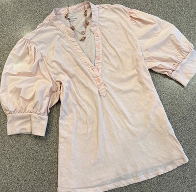 HABITUAL Blush Pink Elbow Length Puff Sleeve 1/2 Button Henley Top Sz L