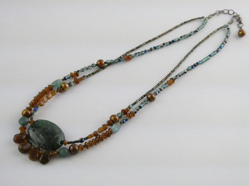 Collana in argento sterling ambra crisocolla multi gemma due fili 17,5 in 19 g - Foto 4 di 22