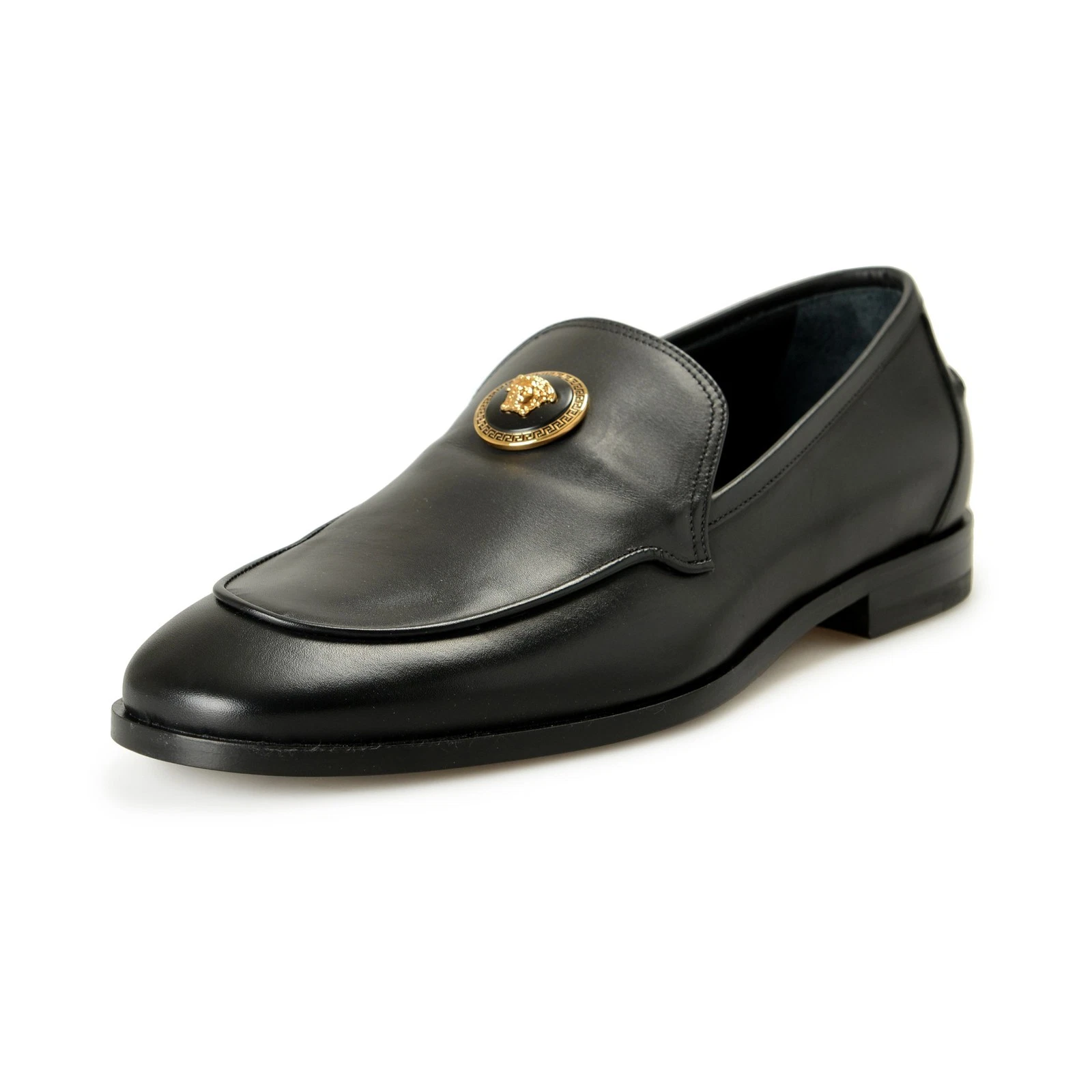 Versace — Versace Men's Black 100% Leather Gold Medusa Slip On Loafers Shoes US 9 IT 42