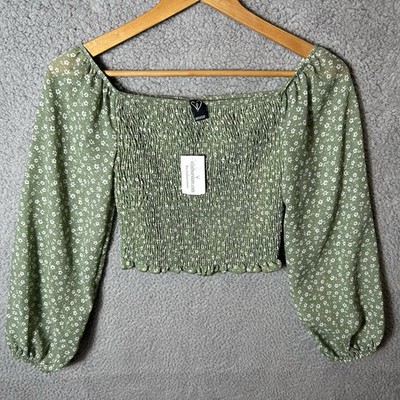 Windsor NWT Ditsy Floral Off Shoulder Smocked Puff Sleeve Crop Top Women's S Grn