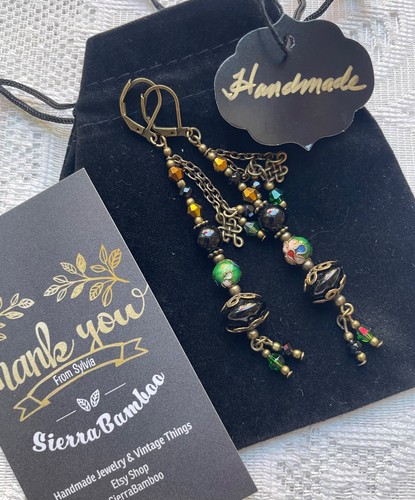 Vintage Stil 3,5" lange Ohrhänger mit Onyx Natursteinen. Boho Hippie - Bild 5 von 8