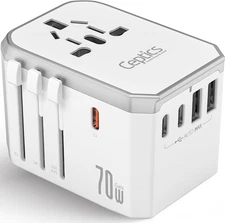 Ceptics 6-in-1 Travel Adapter, 70W PD USB-C, 2USB-A/2USB-C 3A, QC 3.0, US/EU/UK