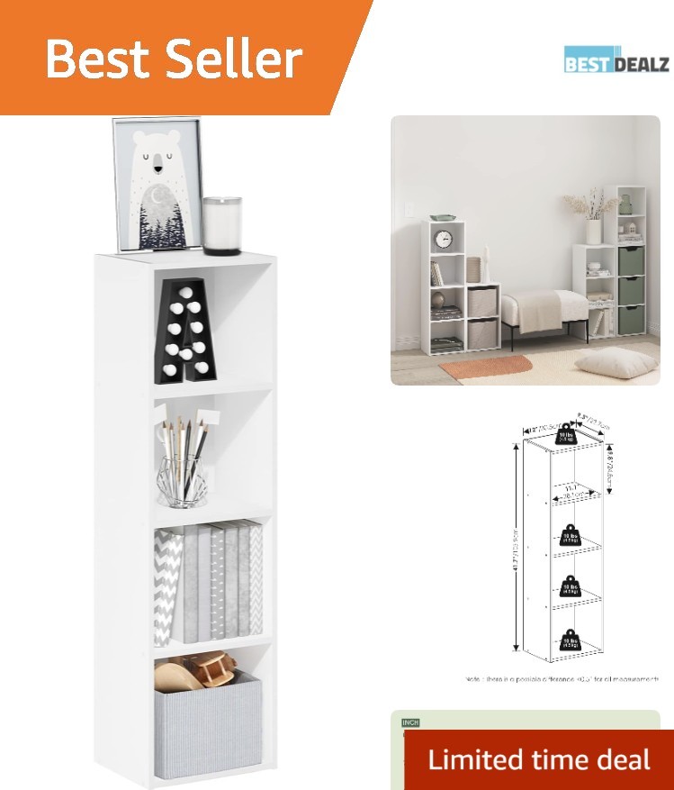 Contemporary 4-Tier Bookcase - Sturdy White Engineered Wood 