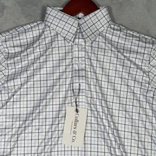 Collars & Co Polo Shirt Mens Small White Blue Plaid Dress Collar Short Sleeve