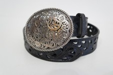 Tony Lama Black Leather Tooled Pierced Western Belt  Floral Buckle Size 34