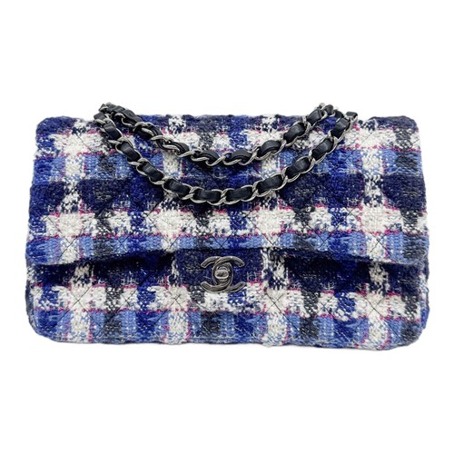 CHANEL Classic Flap 2018-2019 Blue Tweed Shoulder Bag