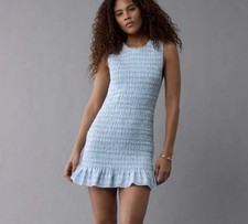 American Eagle Gingham Smocked Mini Dress Womens XL Blue Peasant Preppy Flirty