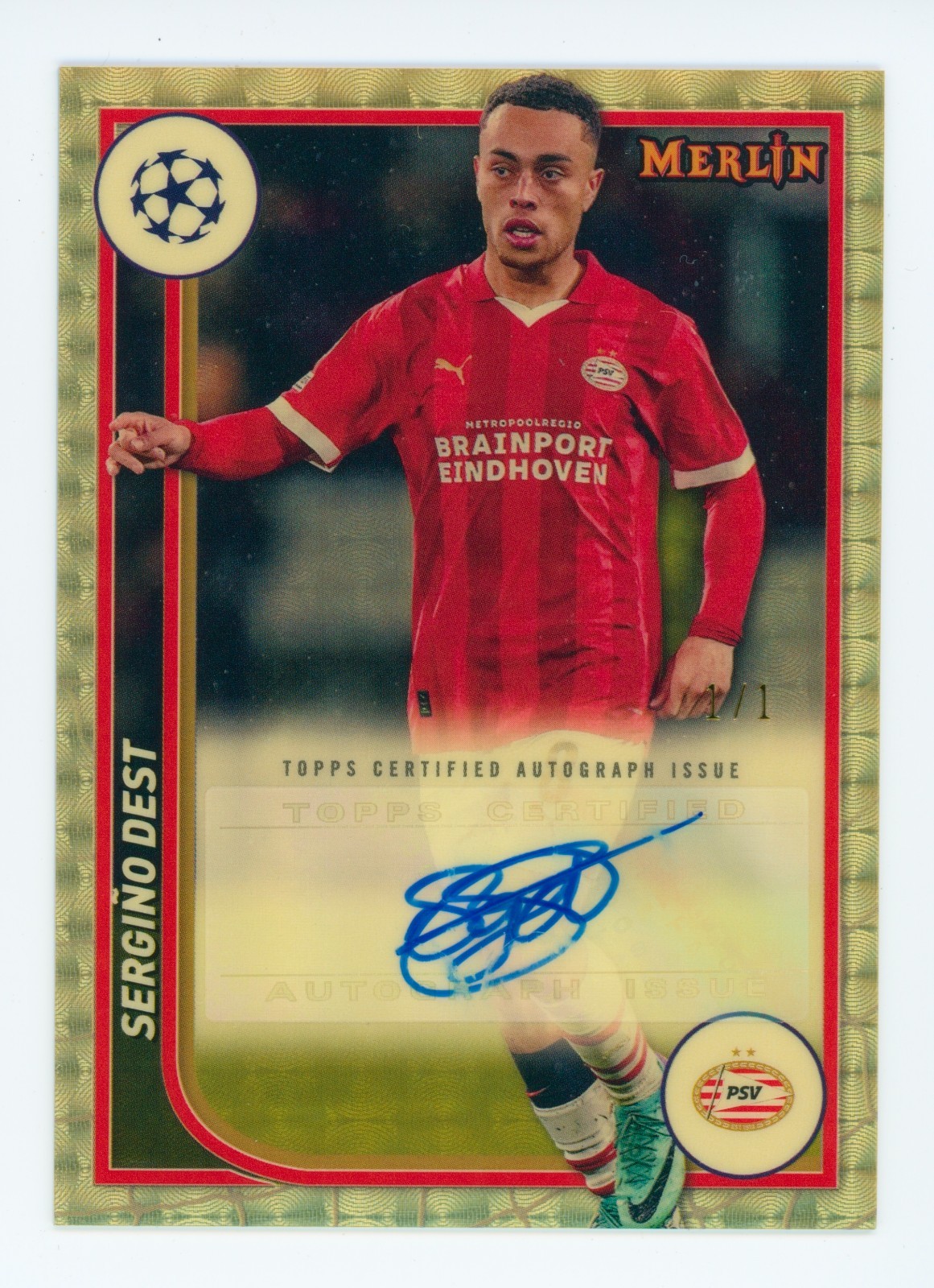 2023-24 Sergino Dest Topps Merlin Chrome Superfractor PSV Autographed Card 1/1