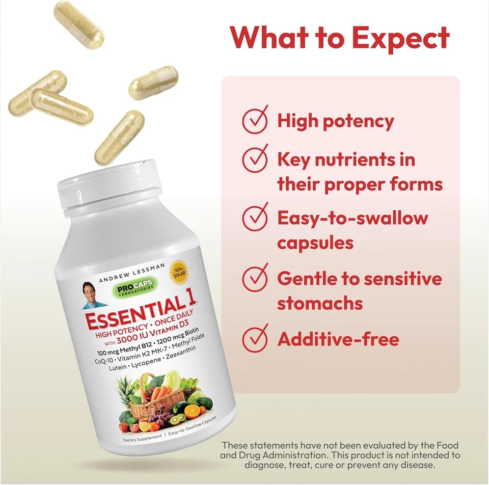 Essential-1 Multivitamin 3000 IU Vitamin D3 60 Small Capsules - 100 Mcg Methyl B - Image 4 of 4