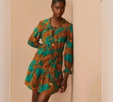 Farm Rio Animal  Print Mini Dress Green Cotton Long Sleeve Size M NWT