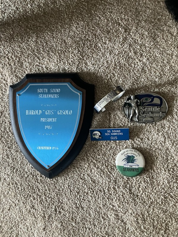 South Sound Seahawkers President Memorabilia Harold “Gus” Gisolo Plaque, Button