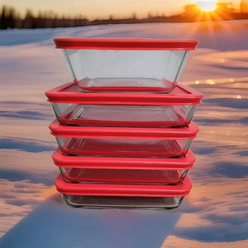 Vintage Pyrex Refrigerator Dish Set 5pc–7210H Rectangles + 8704 Square, Red Lids