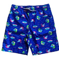 Lands' End Boys Electric Blue Funny Sharks Drawstring Swim Trunks XL 14 16 WNOT