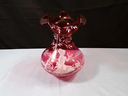 Fenton Cranberry Glass Hand Painted Vase Mary Gregory Girl w/ Cat