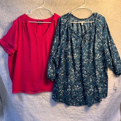 PLUS 3X bundle NWT Croft & Barrow Blue Floral Blouse Roz & Ali Pink RuffledTop