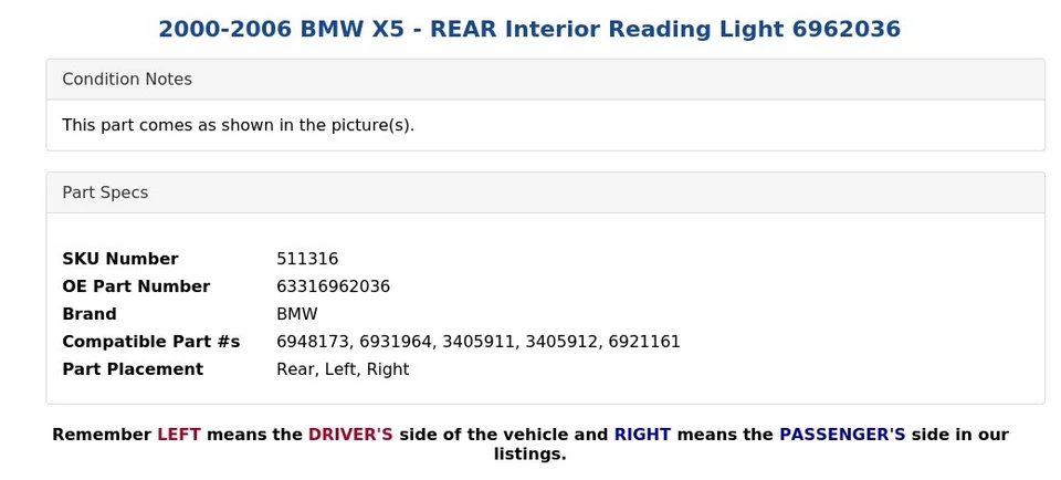 2000-2006 BMW X5 - Luz de leitura interna traseira 6962036 - Imagem 4 de 4