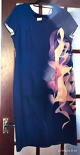 Colour Collection Navy Abstract Shift Dress Size L/XL Short Sleeve V-Neck Knee