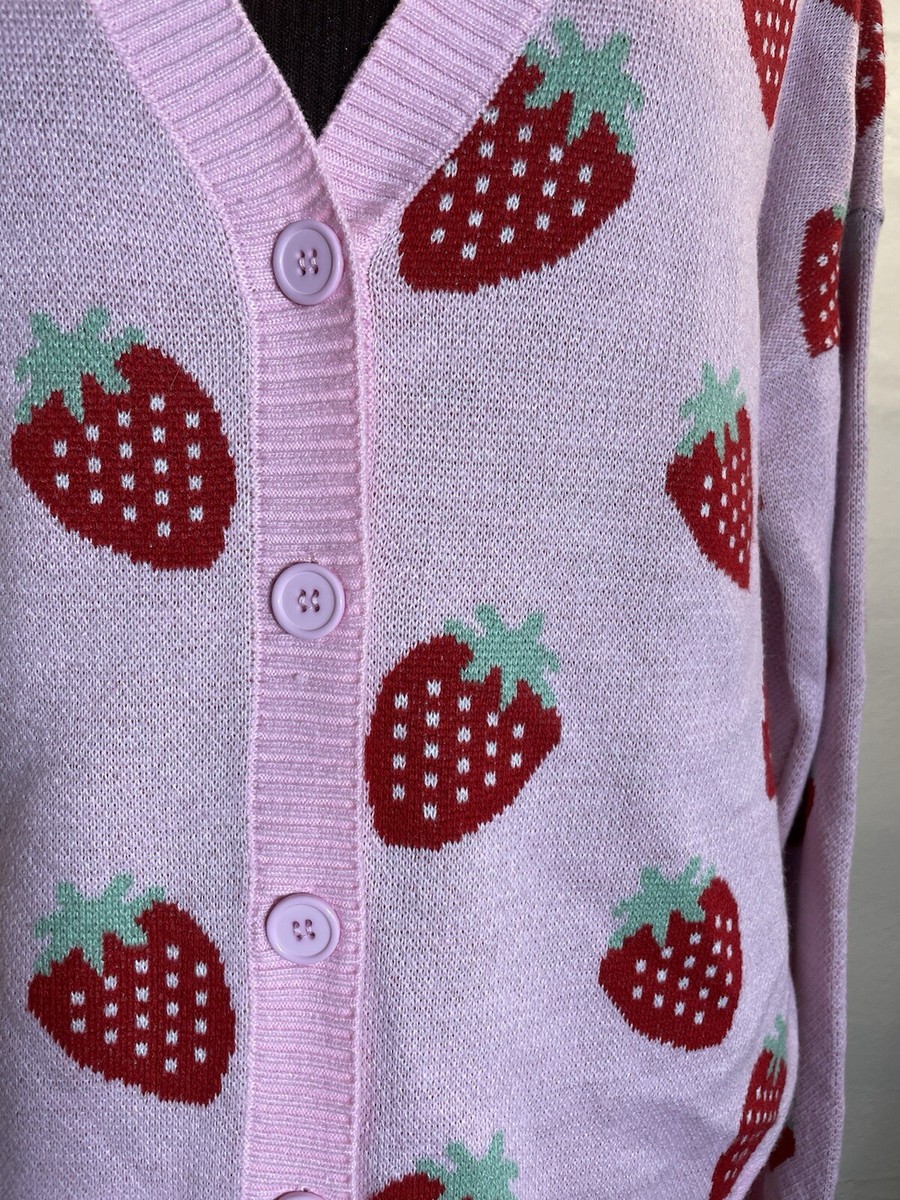 Hot Topic Strawberry Cardigan Sweater Medium Pink Red V Neck Hot Topic Strawberry Cardigan Sweater Medium Pink Red V Neck