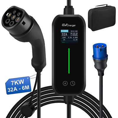 Typ2 Mobile Wallbox Tragbares EV Ladegerät 6M Ladekabel Starkstrom CEE 7KW 6-32A