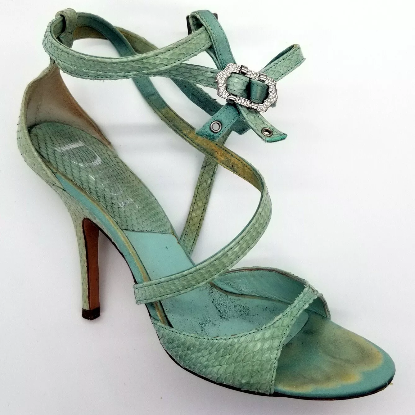 Sandale à lanières vintage en peau de serpent véritable DIOR, talons aiguilles, émeraude, taille UE 37