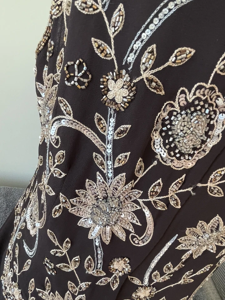 Vestido J Kara New York 18 2x Cuentas Vieira Corpiño Vestido de Noche Marrón Largo NY Foto 4 de 4