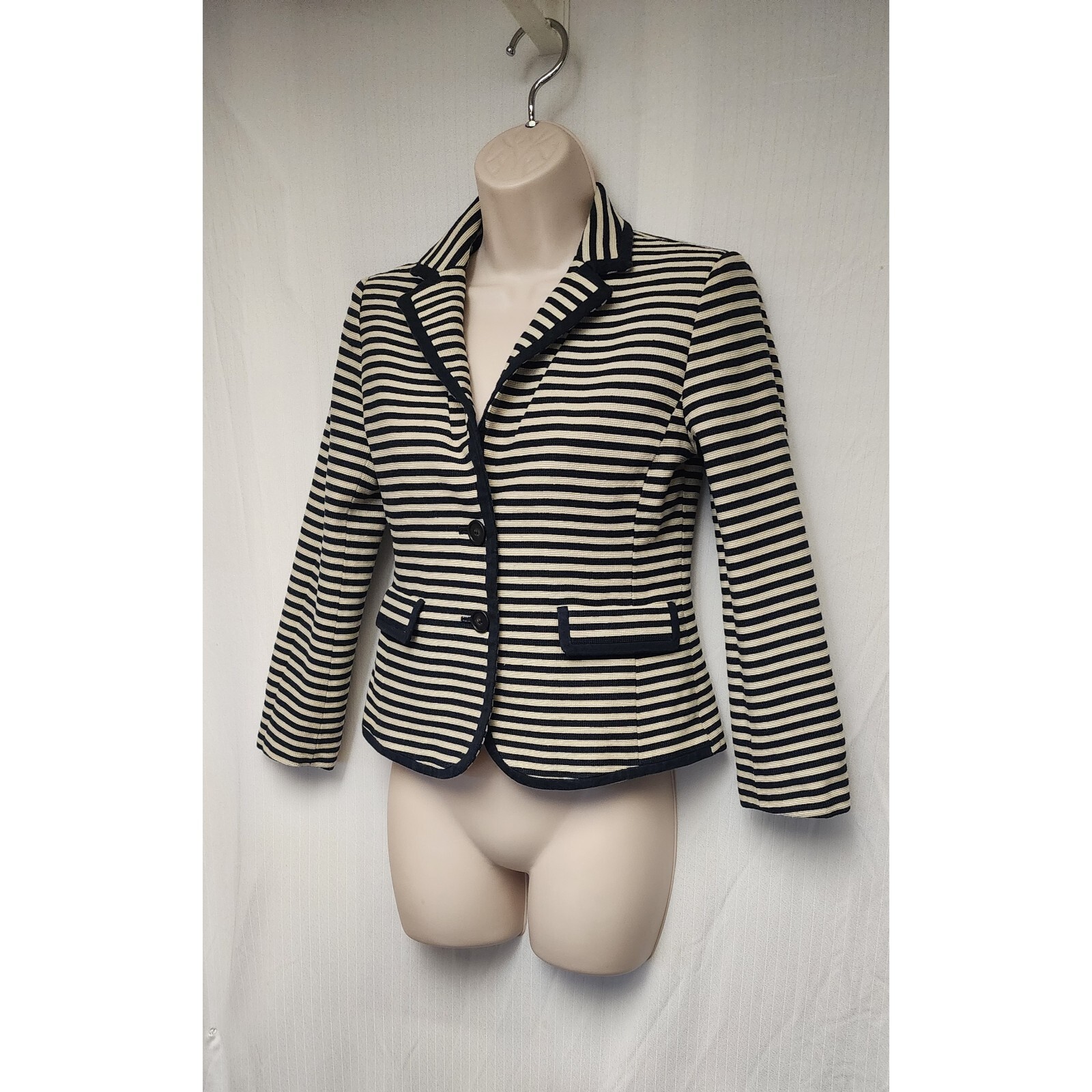 Ann Taylor LOFT Long Sleeve Blue Beige Striped Blazer Jacket-Size