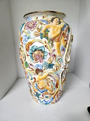 Antique Capodimonte Vase Ceramic 1920's w/ Maidens Cherubs