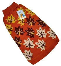 Autumn Leaf Pattern Dog L/XL Orange Acrylic Knit Warm Pet Sweater