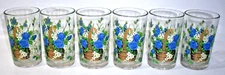 Vintage Tapak Indonesia Set of 6 Juice Glass Tumblers Basket of Blue Roses New!
