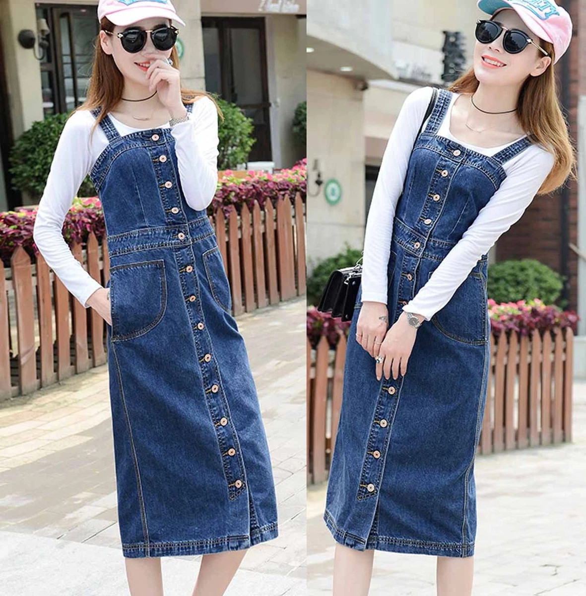 Womens Long Denim Dungaree Overall Dress Jean Pinafore Suspender Skirts  S-5XL