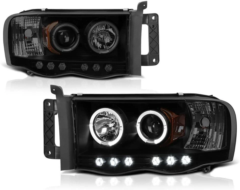 Black Smoke Fit 2002-2005 Dodge RAM Halo Projector Headlights LED Bar Left+Right - Image 2 of 4