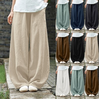 Women's Casual Cotton Linen Baggy Pants with Elastic Waist Fit Lantern Trouser