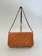 Chanel Orange Quilted Patent Leather Classic Flap Shoulder Bag