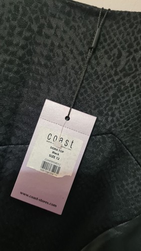 COAST Ladies BLOUSE Top PEPLUM UK 12 SNAKE SKIN Faux LEATHER Panel Zip BLACK NEW - Picture 3 of 4